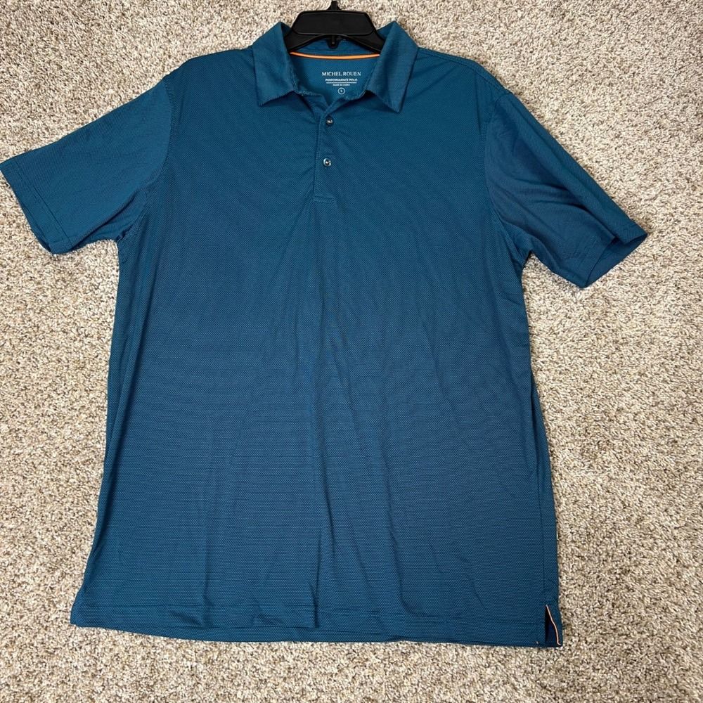 Michel Rouen Mens Performance Polo Shirt Teal Blue Textured Golf Top Large